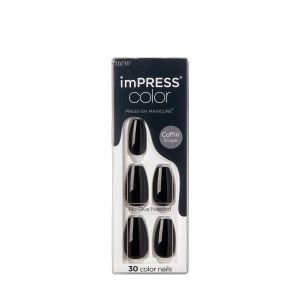 KISS imPRESS Color Medium Coffin Press-On Nails, ‘All Black’, 30 Count"