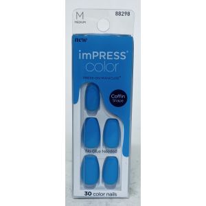 KISS imPRESS No Glue Needed Press On Nails, Color, Serene Blue, Blue, Medium Coffin, 30 Count"