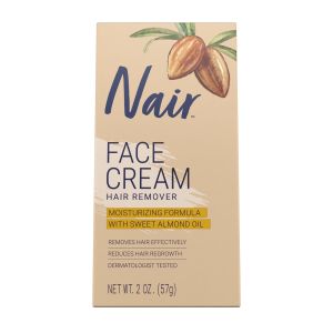 Nair Moisturizing Facial Hair Removal Cream With Sweet Almond Oil, #1 Depilatory Cream For Face, 2 oz Bottle, For All Skin Types"