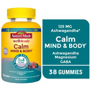 Nature Made Wellblends Calm Mind & Body, Magnesium Citrate, Ashwagandha 125mg & GABA 100mg Blend for Stress Relief, 38 Gummy Vitamins"