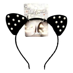 Scunci Cat Ears Glamoween Halloween Headband~ Black W/Faux Pearls