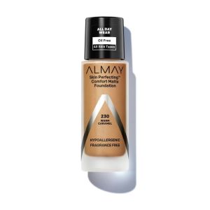 Almay Skin Perfecting Comfort Matt Foundation Makeup, Hypoallergenic, 230 Warm Caramel, 1 fl oz"