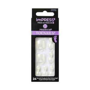 KISS imPRESS No Glue Pedi Press-On Toenails, White Nails with Pearl, Squoval Shape, Includes 24 Nails, Prep Pad, 1 Manicure Stick, 1 Mini File"