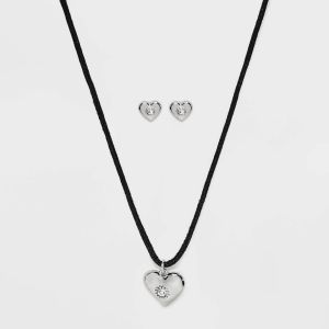 Heart Cord and Ear Pendant Necklace Set 2pc - Wild Fable™ Black/Silver