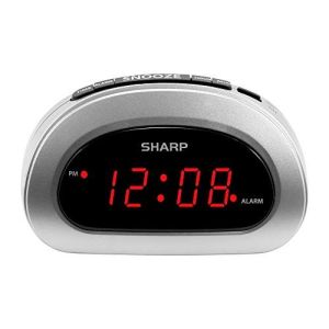 Sharp Small Digital Alarm Clock with Snooze and Battery Backup, Easy to Use Top Button Controls for Simple Use, Silver Case with Red Easy to Read LED