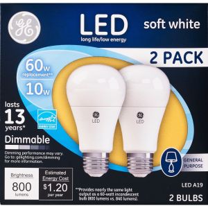 GE LED Soft White 10 Watt (60 Watt Equivalent) General Purpose A19 Light Bulbs, Medium Base, Dimmable (2 Pack)"