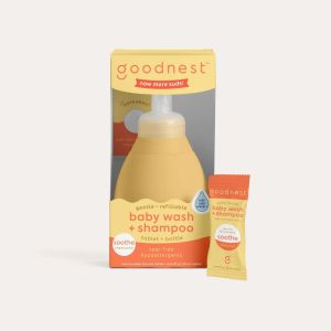 Goodnest® Baby & Toddler Travel Soap Tablets + Reusable Pump Bottle (12oz) - Natural Baby Shampoo & Wash, Plastic-Free, Tear-Free, Hypoallergenic, Sensitive Skin, Chamomile"