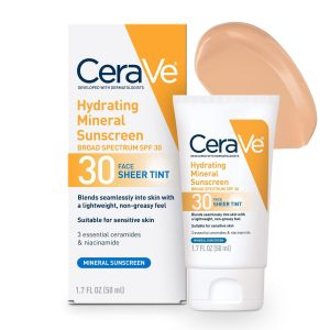 CeraVe Hydrating Mineral Sunscreen, Sheer Tint Face Sunscreen with SPF 30, All Skin Types 1.7 fl oz"