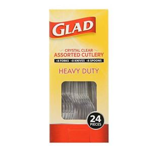 Glad Crystal Clear Assorted Plastic Cutlery Forks, 24 Count | Clear and Heavy Duty Plastic Silverware | 8 Forks, 8 Knives, 8 Spoons | Glad Disposable