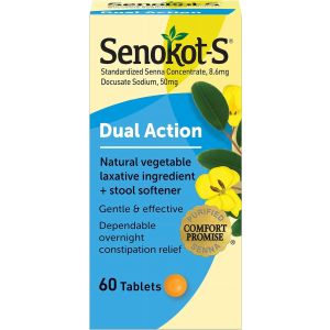 Senokot-S Dual Action, 60 Tablets, Vegetable Laxative Plus Stool Softener Relief of Constipation"