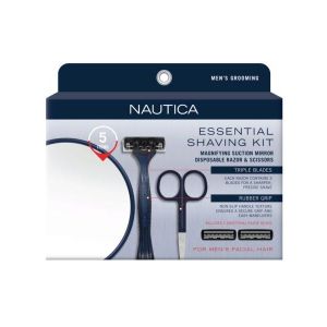 Nautica 5 Piece Essential Shaving Kit with 15x Mirror, Scissors, Razor & 2 Razor Heads (Available in a pack of 4)"