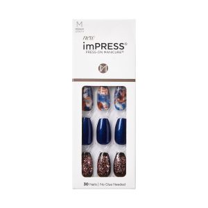 KISS imPRESS Press-On Nails, Medium Length, ‘Indigo Autumn’, 30 Count"