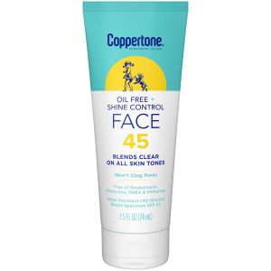 Coppertone Oil Free + Shine Control Sunscreen Face Lotion SPF 45, 2.5 fl oz Tube"