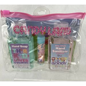 3 Pc CANDYLAND Hygiene Travel Bag Set Hand Soap Lip Balm Berry Lollipop Backpack