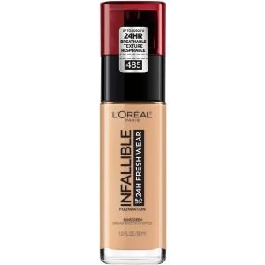 L'Oreal Paris Infallible Fresh Wear 24 Hr Liquid Foundation Makeup, 485 Golden Sun, 1 fl oz"