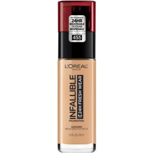 L'Oreal Paris Infallible Fresh Wear 24 Hr Liquid Foundation Makeup, 455 Natural Buff, 1 fl oz"