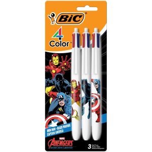 BIC� 4-Color Marvel's Avengers Edition Retractable Ball Pens, Pack Of 3 Pens, Medium Point, 1.0 mm, White Barrels, Assorted Ink Colors"