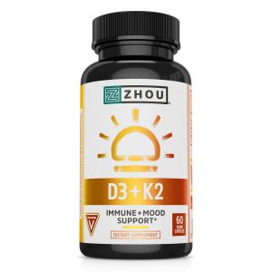 Zhou Nutrition Vitamin D3 K2, Bone and Heart Health Formula 5000 IU Vitamin D3 & 100 mcg Vitamin K2, Max Strength 2 in 1 Immune Support and Calcium Absorption, Gluten Free, 60 Count"