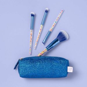 More Than Magic Blue Sparkly Makeup Brush & Bag Set - 4 Brushes and 1 Bag