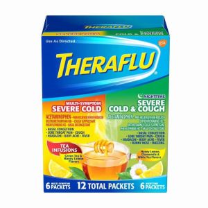 Theraflu Severe Cough Cold and Flu Day and Nighttime Relief Medicine Powder, Green Tea and Honey Lemon Flavors, 12 Count"