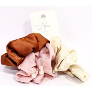 Hive and Co. 3 Pc. Fabric Scrunchie Set, Pink, Brown, Cream - 3 Ct"