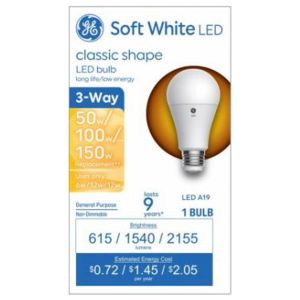 GE 93130566 LED 3-Way Light Bulb, A19 Medium Base, Soft White, 6/12/17 Watt - Quantity 1"