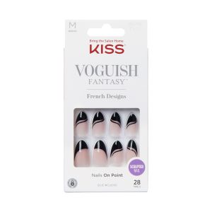 KISS Voguish Fantasy Medium Almond Fake Nails, Glossy Dark Black, 'Magnifique', 28 Ct."