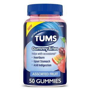 TUMS Gummy Bites Dietary Supplement for Occasional Heartburn Relief, Upset Stomach and Acid Indigestion, Assorted Fruit Flavors - 50 Count"