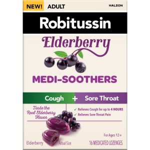 Robitussin Medi-Soothers Elderberry Throat Lozenges, Long-Lasting Cough + Sore Throat Pain Relief - 16 Count"