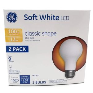 (2 bulbs) GE 31185 Soft White LED A21, 13 watts, 1520 lumens, 100 watt replacement, non-dimmable LED Light Bulb"