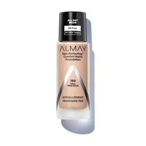 Almay Skin Perfecting Comfort Matte Foundation Makeup, Hypoallergenic, 150 Cool True Beige, 1 fl oz"