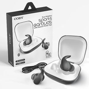 Coby Sports True Wireless Earbuds W/Secure-Fit Ear Tips | in-Ear Headphones up to 12 Hours Play | Sweat-Resistant | Noise-Isolating | in-Ear Earbuds |