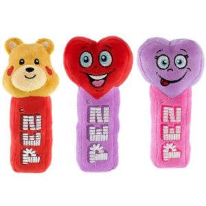 Wondapop Pez Plush Set with Teddy Bear, Red Heart and Purple Heart Plush Dispensers, 7" (Set of 3)