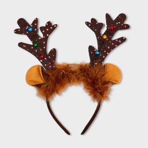 Light up Antlers and Bells Faux Fur Wrapped Headband - Brown