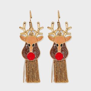 Christmas Novelty Reindeer Drop Earrings - Brown