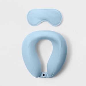 2pc Memory Foam Neck Pillow & Sleep Mask Set Muddy Aqua - Open Story™