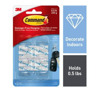 Command Mini Wall Hooks, Clear, Damage Free Decorating, Six Hooks and Eight Command Strips"