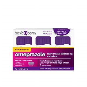 basic care omeprazole delayed release tablets acid reducer, wild berry mint, 42 count"