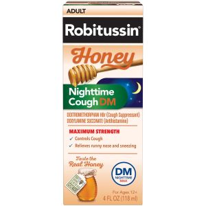 Robitussin Maximum Strength Honey Nighttime Cough Dm, Cough Medicine Made With Real Honey for Flavor - 4 Fl Oz Bottle"