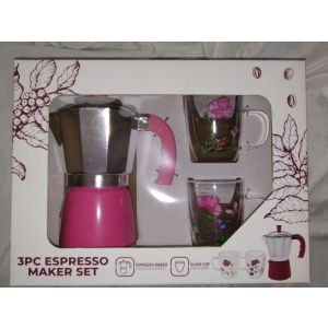 3 Piece Pink ESPRESSO MAKER SET by Cook Prep Eat Espresso Maker + 2 Floral Cups