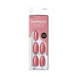 KISS imPRESS No Glue Needed Press On Nails, Color, Sweet Aroma, Pink, Medium Almond, 30 Count"