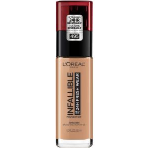 L'Oreal Paris Infallible Fresh Wear 24 Hr Liquid Foundation Makeup, 495 Amber, 1 oz"