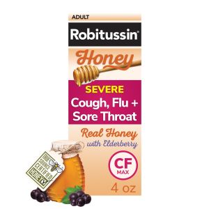 Robitussin Honey Severe Cough, Sore Throat, & Flu Max Day Syrup Max Day Syrup With Elderberry, Ages 12+, 4 Oz"