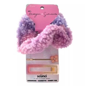 Scunci x Morgan Simianer Hair Accessory Set, 3-Piece (Purple Pink Scrunchie, Barrette, Flower Bobby Pin)"