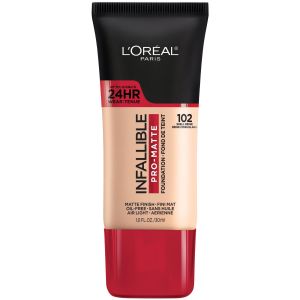 L'Oreal Paris Infallible Pro-Matte Liquid Foundation Makeup, 102 Shell Beige, 1 oz"