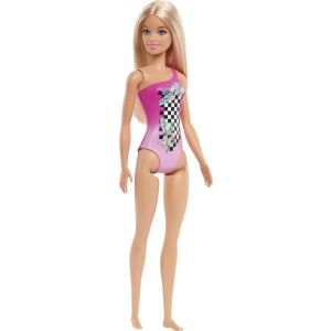 Barbie Beach Doll in Pink Checkered Swimsuit with Straight Blonde Hair