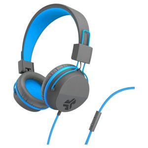 Jlab JBuddies Studio On-Ear Kids Wired Headphones, Grey/Blue, Studio Volume Safe, Volume Limiter, Folding, Adjustable, Noise Isolation, with Mic"