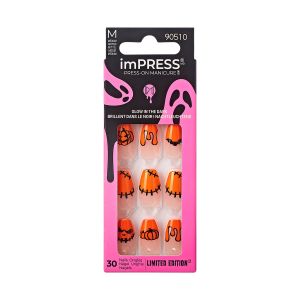 KISS imPRESS Press-On Manicure Halloween, Orange, Medium Length, Coffin Shape, 'Creepy Crawly', 33 Ct."