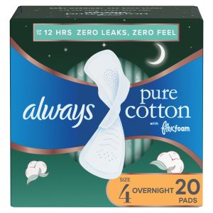 Always Pure Cotton with FlexFoam Pads Overnight Absorbency with Wings, Size 4, 20 ct"