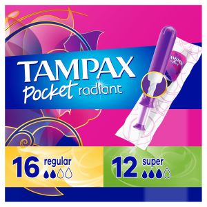 Tampax Pocket Radiant Tampons with LeakGuard Braid, Duo Pack Regular/Super Absorbency, 28 Ct"